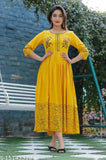 Rayon hand block printed mustard Anarkali Kurti, single-sized S, M, L, XL, XXL for women party wear