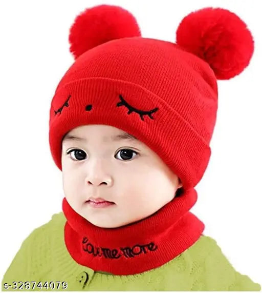 Soft beanie with red pom poms, suitable for kids