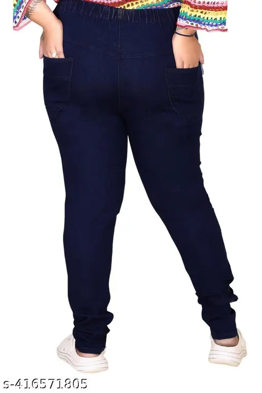 Dark blue premium quality denim jeggings for plus size in solid pattern, ideal for extended sizes 4XL to 7XL, made in India
