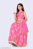 Pink cotton-linen Lehanga Choli set for girls (2-14 years), featuring floral print and stitched net sleeves