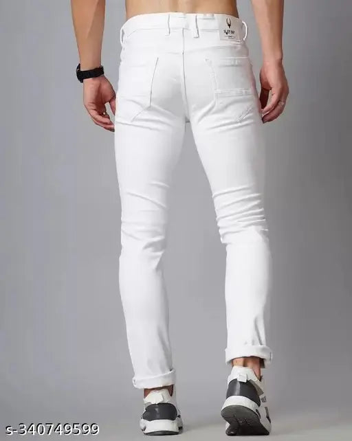 Men's cotton blend white plain jeans, comfortable fit and new design for every occasion. Solid white, size 26, 28, 30, or 32 available at an affordable price. Made in India