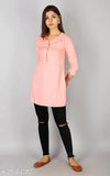 Peach rayon slub straight tunic kurti with beaded neckline and three-quarter sleeves, women's fashion, Indian origin