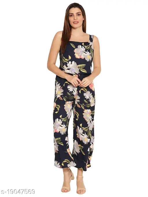 Navy blue Georgette jumpsuit, printed floral design for women's summer fashion, sleeveless style
