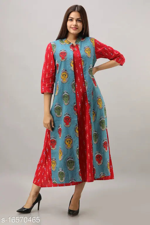 Red & Sky Blue Pure Cotton A-Line Kurta Set, Kalamkari Print, Round Neck, 3/4 Sleeve, Indian Ethnic Wear