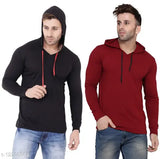 Black cotton blend hooded t-shirts pack for men, solid design with short sleeves, sizes S to XL, India origin