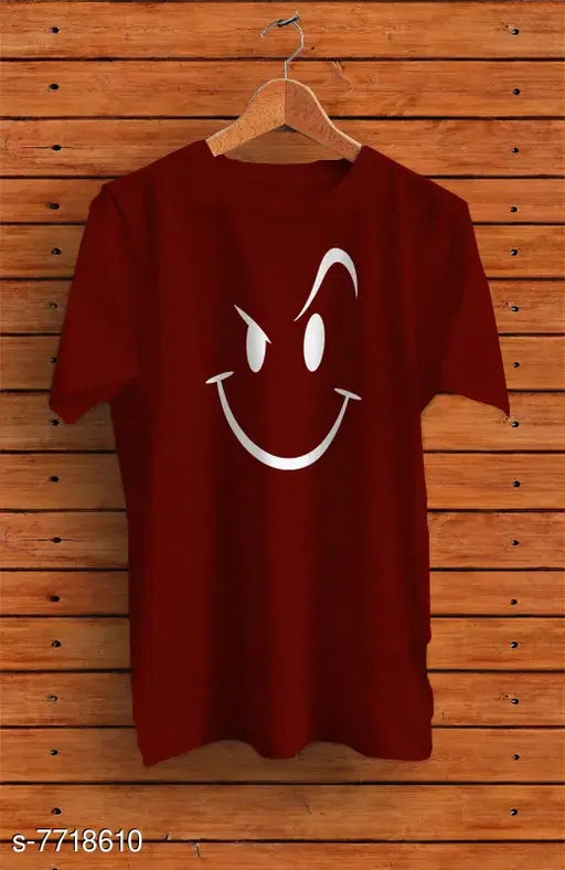 Maroon solid cotton round neck men's half sleeve tee, printed pattern on short sleeves, size S-XL, India origin