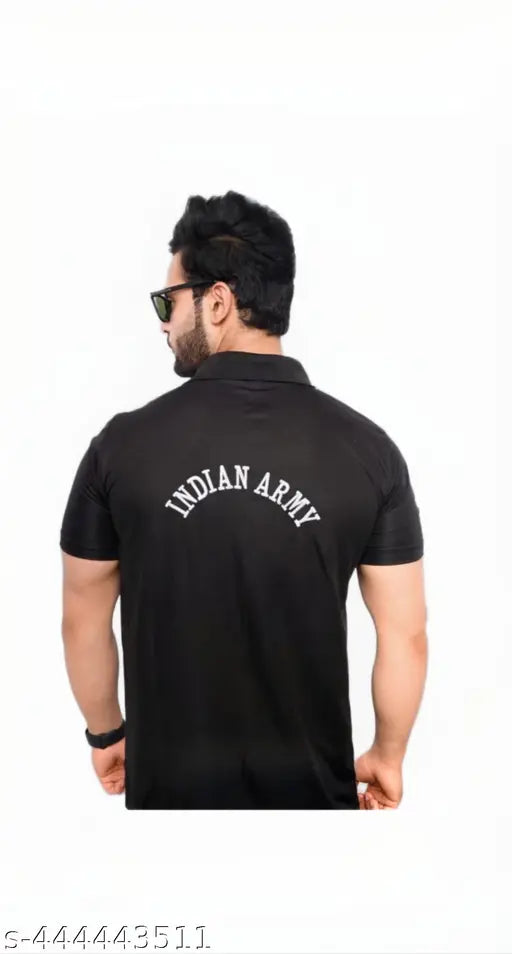 Indian Army Black Collar Cotton T-shirt for Men, short sleeves with printed net pattern