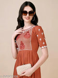 Red and white patterned kurta with embroidery