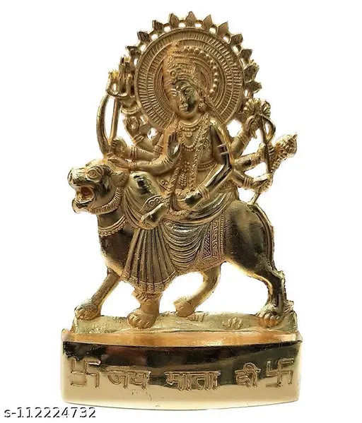 Handcrafted golden Durga Maa statue, Indian metal god idol for worship (11cm x 7cm)