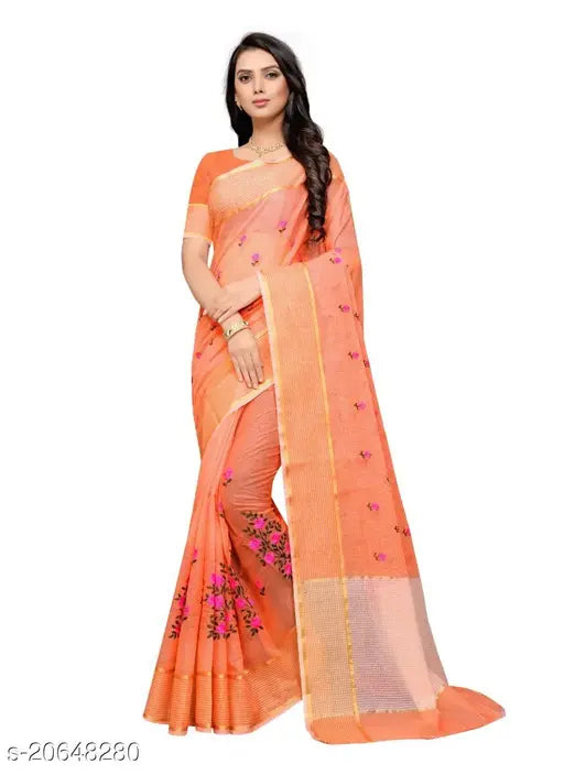 Orange net Phulkari saree with unstitched blouse, embroidered pattern on net fabric from Leeza Store India