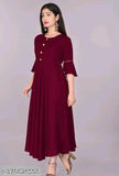 Maroon kurta, long sleeves, crew neck, straight hem, mid-length, buttoned front