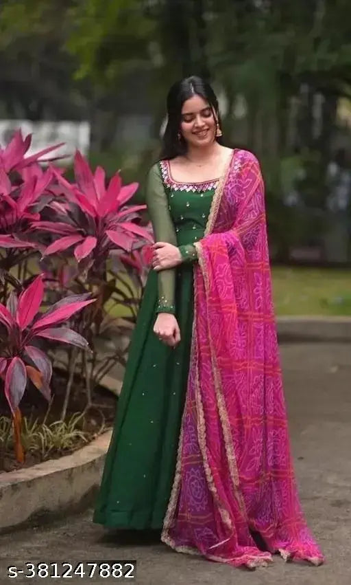 Embellished Georgette Kurta set with Bandhani printed dupatta, heavy embroidery on Rashmika design, Indian handcrafted clothing for women in various sizes (S-XXXL)