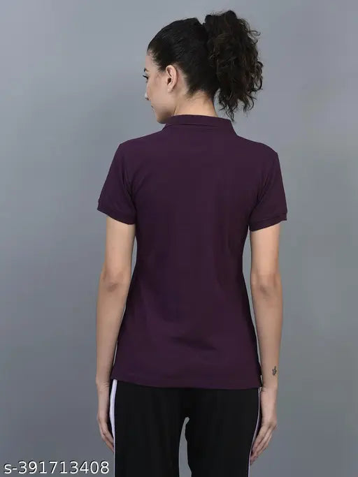 Purple cotton blend solid polo neck t-shirts pack of 3 for women's athleisure, India origin