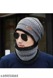Grey and black unisex woolen winter beanies and neck warmers with faux fur lining, Indian handcrafted fashion accessory pack of 2