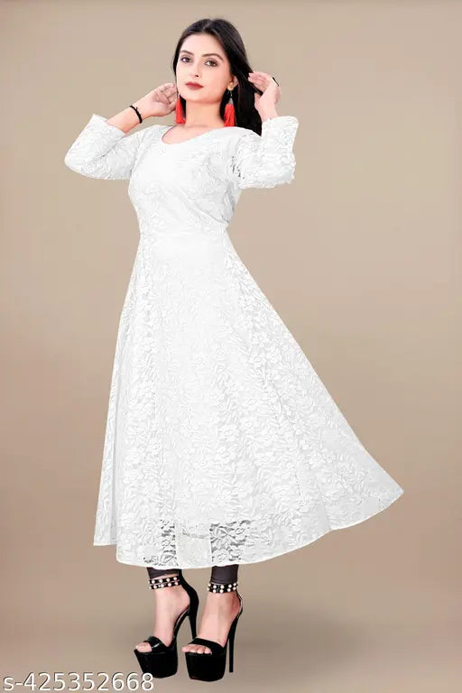 White lace dress with puff sleeves