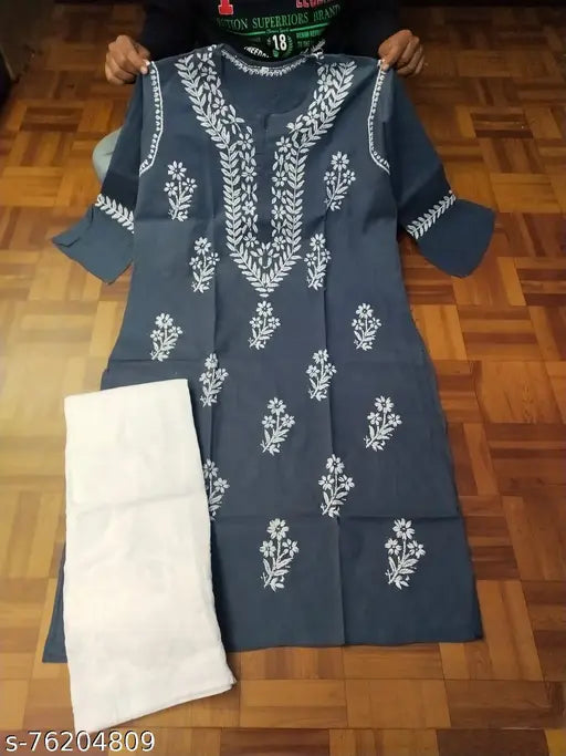 Cotton Banita Drishya women's kurta set with embroidered net salwar, Lucknowi Chikan style from India