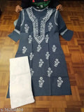 Cotton Banita Drishya women's kurta set with embroidered net salwar, Lucknowi Chikan style from India