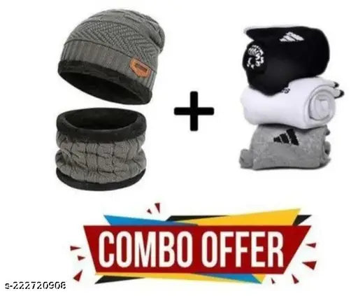 Woolen, solid pattern cap & socks combo (L), Indian-made, net quantity 2