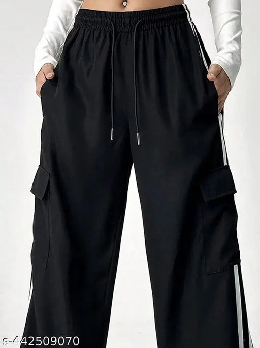Black four pocket pants with white stripes, casual style, comfortable fit. 42509070