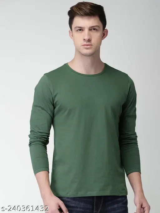 Olive green cotton, full sleeve casual t-shirt for men - Made in India
