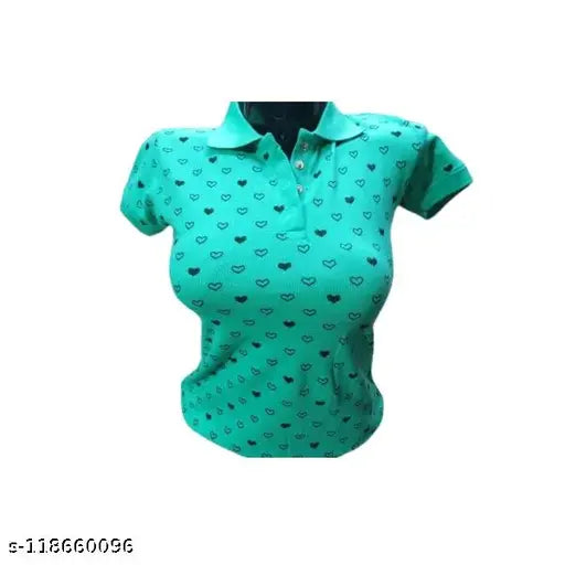 Green cotton short-sleeved girls top with printed net design, size M, made in India
