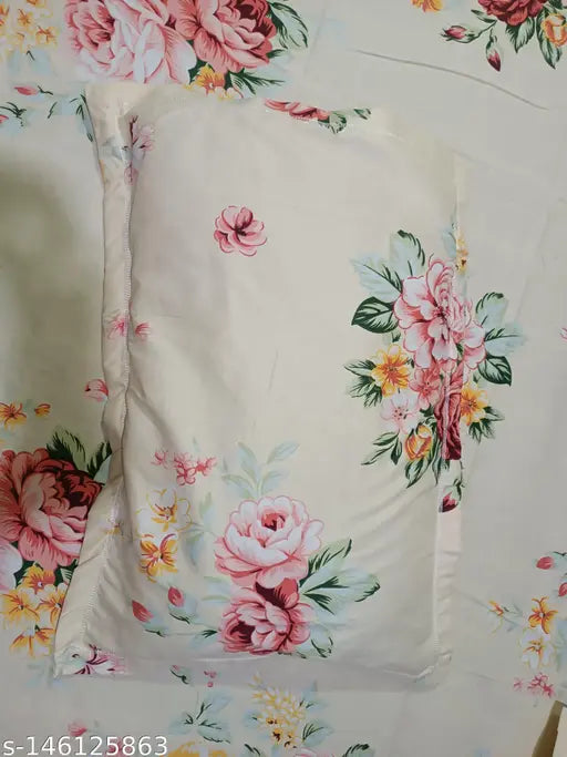 Cream glace cotton flower printed superfine double bedsheet set, pack of 1 with 2 pillow covers, ideal for summer, gifting occasions like weddings and holidays