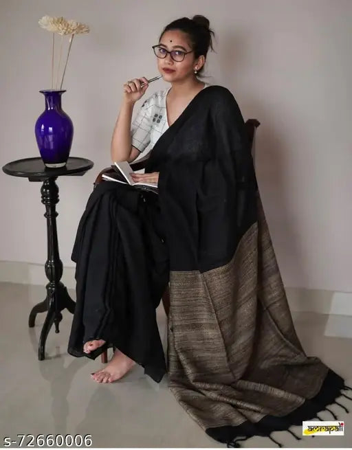Cotton solid saree & printed net running blouse, Indian free size