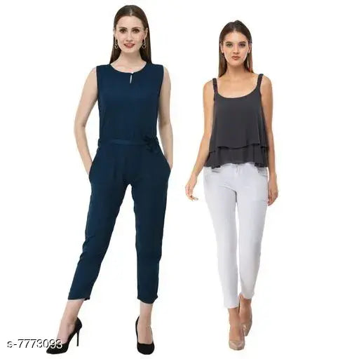 Sleeveless rayon jumpsuit, solid net design in sizes S, M, L - fashionable and attractive