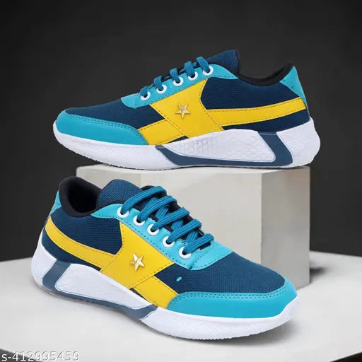 Navy and yellow sneakers with a star emblem on the side