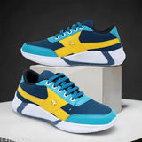 Navy and yellow sneakers with a star emblem on the side