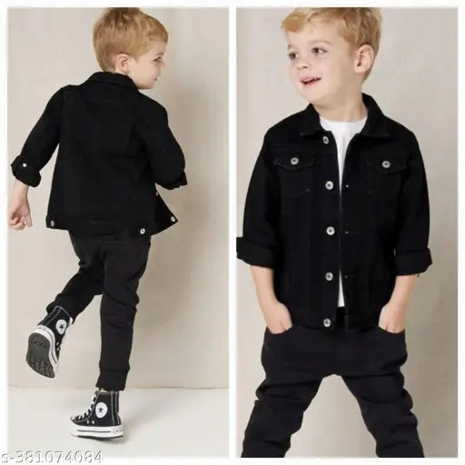 Black denim children's bomber jacket, crew neck T-shirt worn underneath
