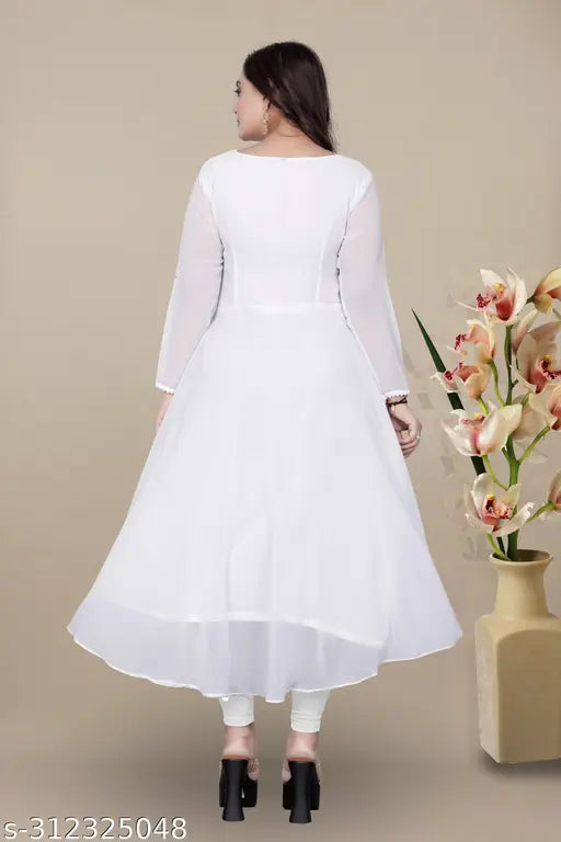 White sari with a V-neck, flared skirt and long sleeves