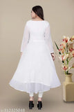 White sari with a V-neck, flared skirt and long sleeves