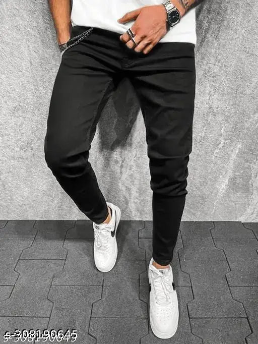 Black stretchable denim jeans for men, slim fit and versatile style. High-quality, durable, and affordable. Size 28/30/32. Made in India