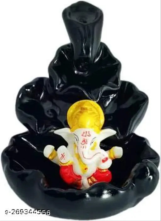 Handcrafted resin Ganesha water fountain incense burner with 20 smoke cones, religious idol for home decor, 12cmx13cmx10cm