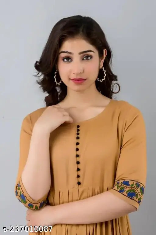 Viscose rayon printed long flared Anarkali kurtis, three-quarter sleeves, Indian hand block work with pom pom buttons, suitable for shopping, weddings, parties
