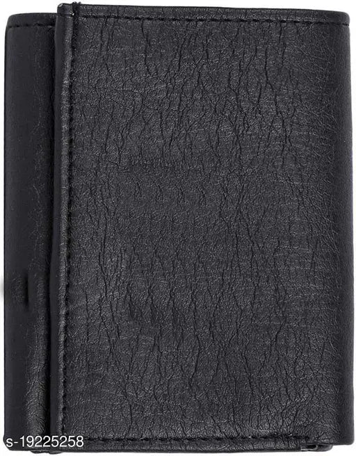 Aava black PU trifold wallet, 5 compartments, free size (12cm x 8cm), India-made solid accessory