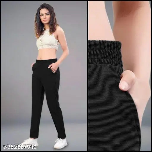 Black cotton blend joggers 501 - Solid black party apparel for women and girls, size L (waist 32, length 39, hip 36). Made in India
