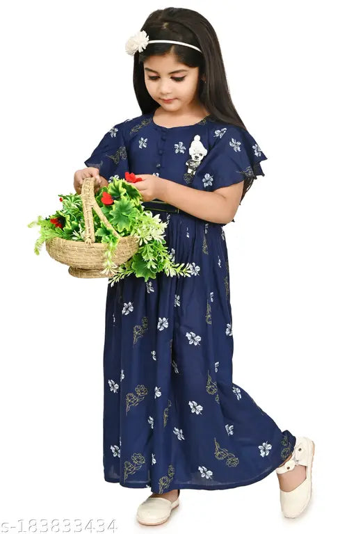 Navy blue rayon kids floral round kurti, short sleeve, printed net pattern on display