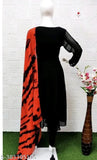 Black and red party dress with sheer sleeves, long train