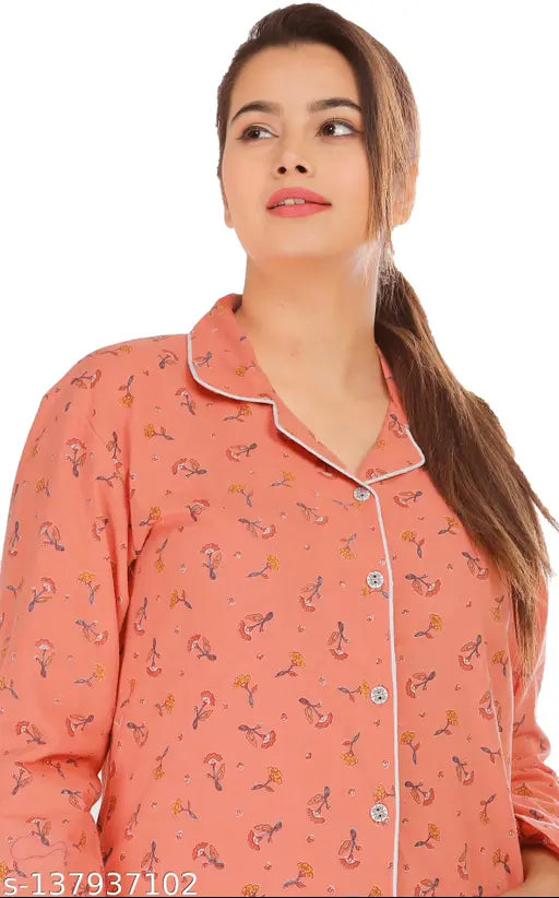 Women's rayon lemon print night suit set, long-sleeved shirt and pyjamas set on hanger