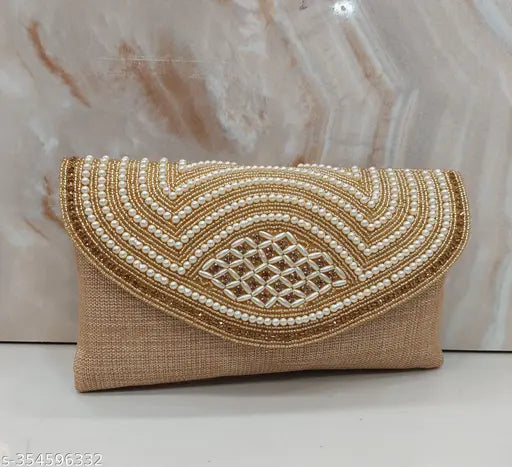 Handcrafted metallic party clutch with beaded motif