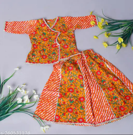Cotton Jaipuri print baby girls top-kurti & lehenga-skirt set (India), soft, durable, floral three-quarter sleeve ethnic wear