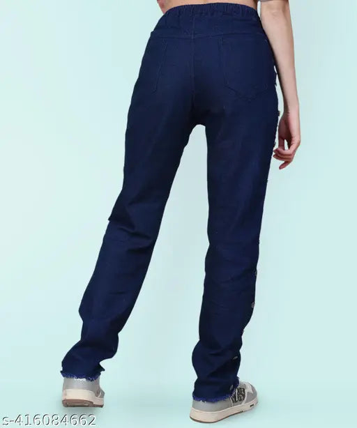 Dark blue stretch denim side buttoned high-waisted jogger jeans for women