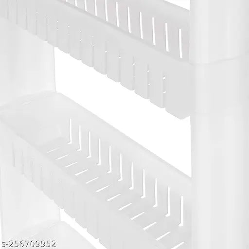 White, plastic storage rack with wheels and multiple shelves, intended for kitchen organization