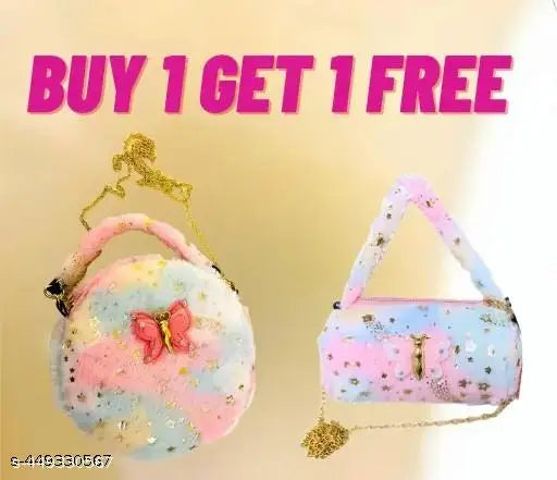 The image is of two mini handbags with a butterfly design, one in pink and the other in blue