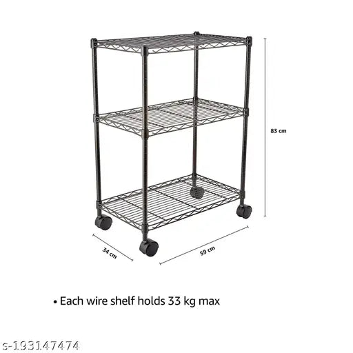Black heavy duty iron rack with 3 shelves and 360 wheels