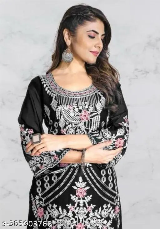 Floral embroidered Georgette and crepe Pakistani kurta-pant suit set, full sleeve stitched top with white pant. (1pc Kurta, 1pc pant) New designer embroidery work, three-quarter sleeves. Indian origin