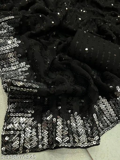 Sequined black georgette saree with intricate design, heavy concept, and sequin work blouse