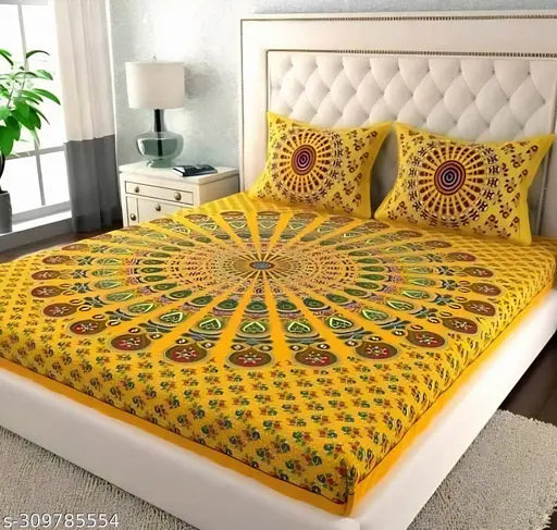 Yellow cotton double bedsheet with 2 pillow covers, patterned with white designs.